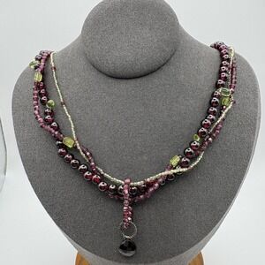 Vintage Sterling Silver 925 Garnet Beaded Multi Strand Necklace 15in Y Drop Red